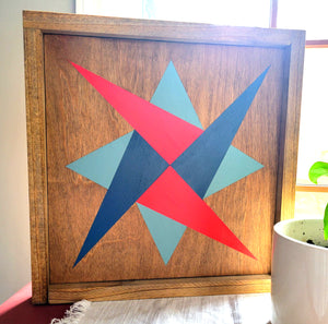 handmade star barn quilt with stain and paint